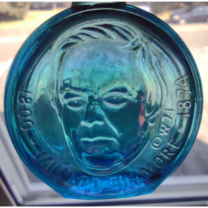 Wheaton Millard Fillmore President Blue Carnival Glass Bottle Retro 1971 Mini 3"